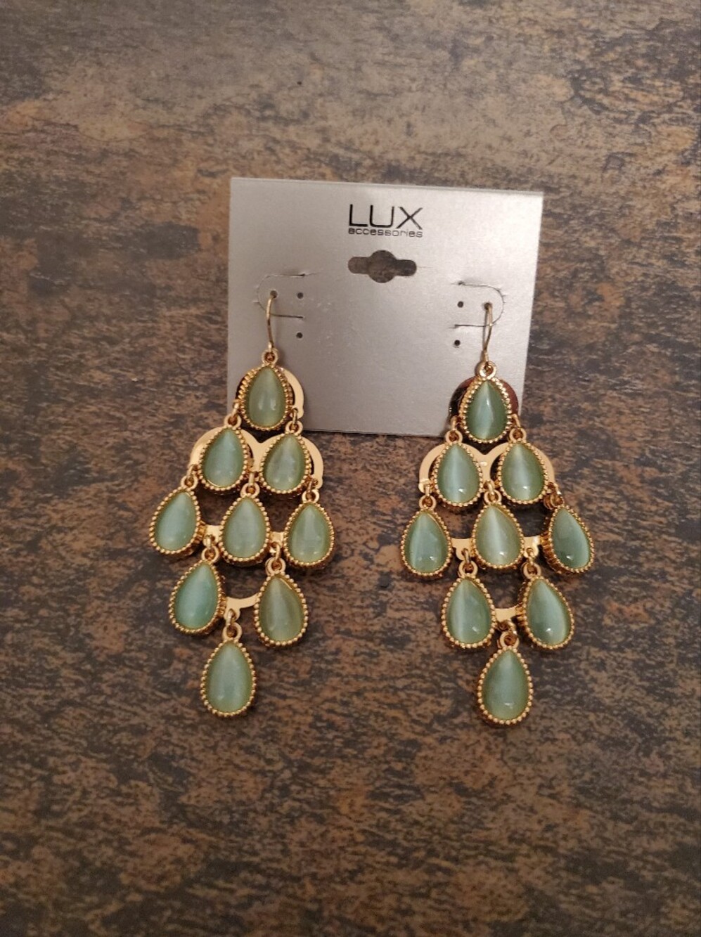 Gold & Green Teardrop Chandelier Earrings Preowned Used Good Condition